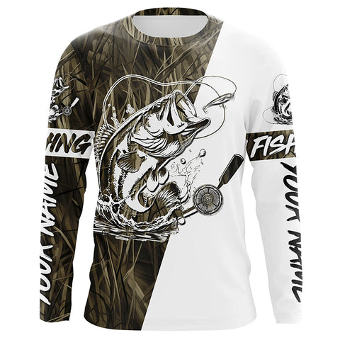 Custom Bass Fishing Tattoo Grass Camo Long Sleeve Tournament Fishing Shirts, Bass Fishing Jerseys IPHW6077