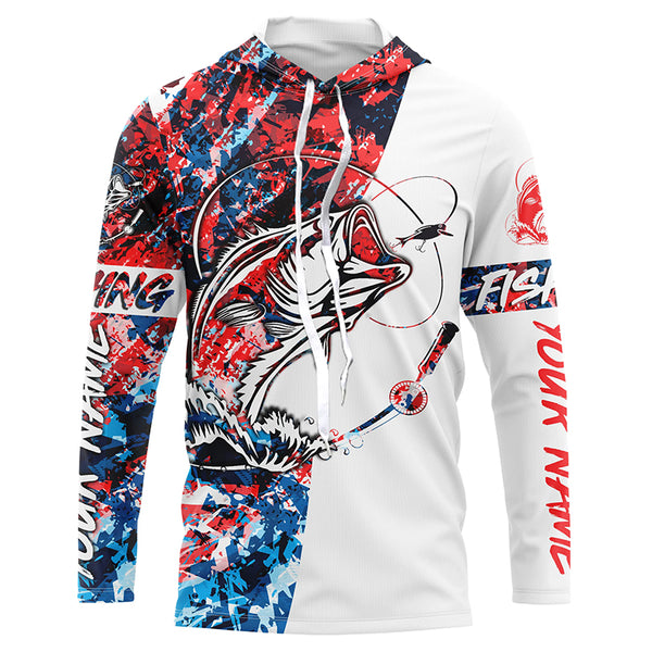 Personalized Bass Long Sleeve Tournament Fishing Shirts, Red White Blue Camo Bass Fishing Jerseys IPHW4535