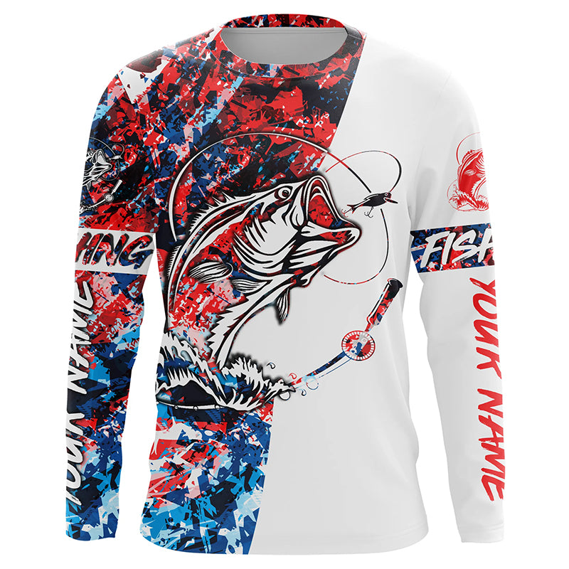 Personalized Bass Long Sleeve Tournament Fishing Shirts, Red White Blue Camo Bass Fishing Jerseys IPHW4535