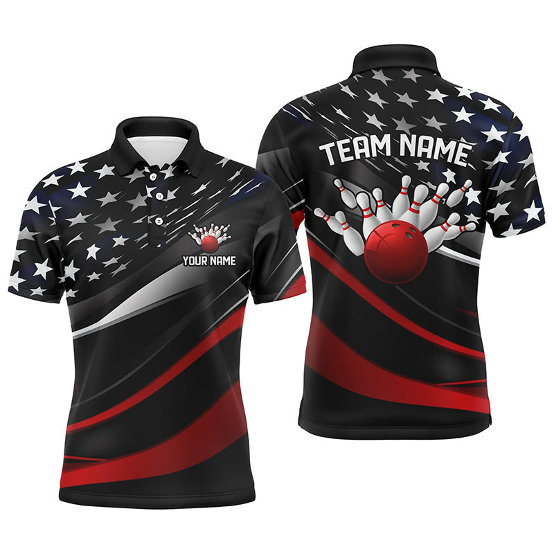 Custom American Flag Men'S Bowling Polo Shirts, Patriotic Bowling Team Bowling League Shirts IPHW5249