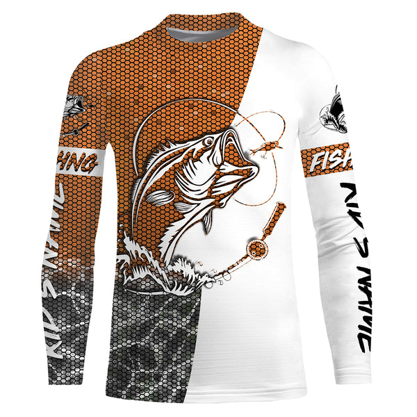 Personalized Bass Fishing jerseys, Bass Fishing Long Sleeve Fishing tournament shirts | orange - IPHW2217