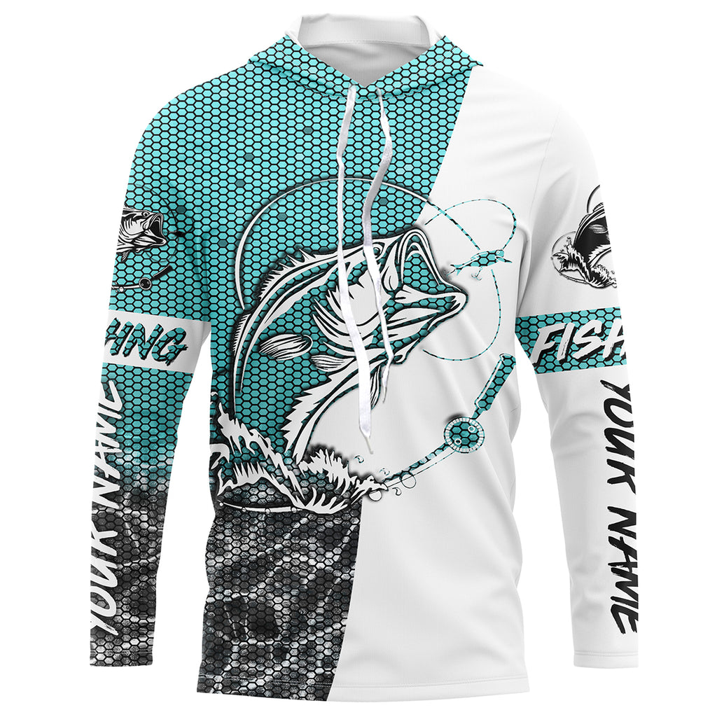 Personalized Bass Fishing Jerseys, Bass Fishing Long Sleeve Fishing Tournament Shirts | Sky Blue - IPHW2218, Long Sleeves Hooded UPF / S