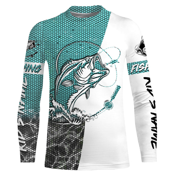 Personalized Bass Fishing jerseys, Bass Fishing Long Sleeve Fishing tournament shirts | sky blue - IPHW2218
