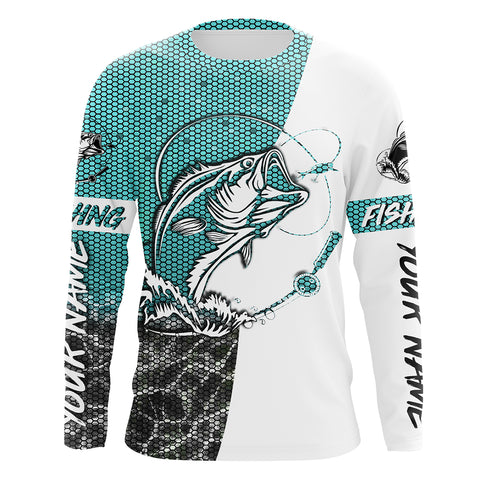 Personalized Bass Fishing jerseys, Bass Fishing Long Sleeve Fishing tournament shirts | sky blue - IPHW2218