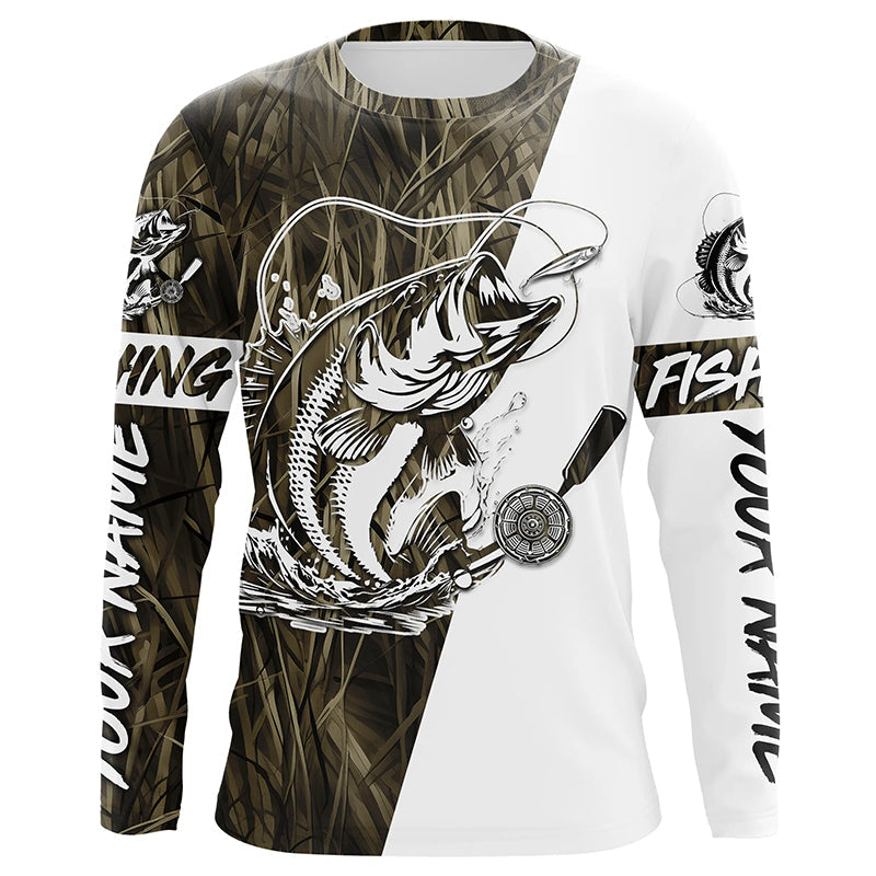 Custom Bass Fishing Tattoo Grass Camo Long Sleeve Tournament Fishing Shirts, Bass Fishing Jerseys IPHW6085