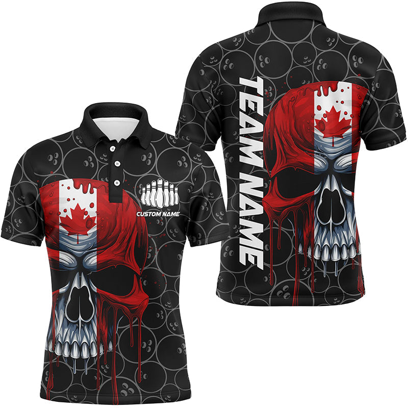Canadian Flag Skull Bowling Team Polo Shirts, Canada Men'S Bowling Jerseys, Bowling League Shirts IPHW5260