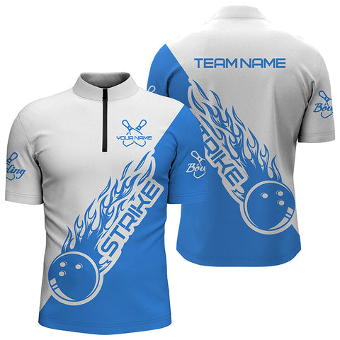 Custom Bowling Shirts For Men And Women, Bowling Team Shirts Bowling Strike |Blue And White IPHW3980