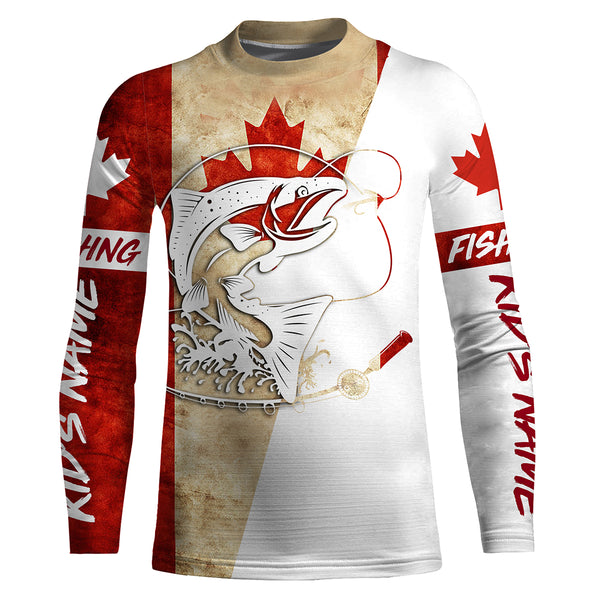 Canada Flag Salmon Fishing Custom long sleeve performance Fishing Shirts, Salmon Fishing jerseys IPHW2863