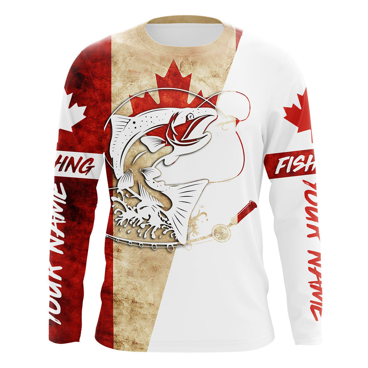 Canada Flag Salmon Fishing Custom long sleeve performance Fishing Shirts, Salmon Fishing jerseys IPHW2863