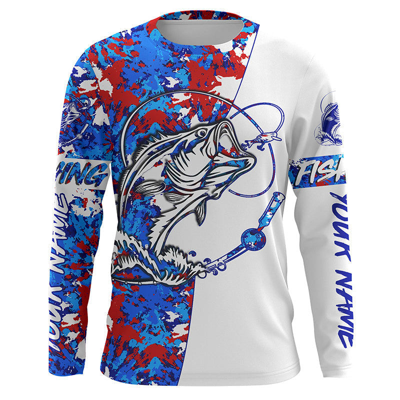 Personalized Red, White, Blue Camo Largemouth Bass Long Sleeve