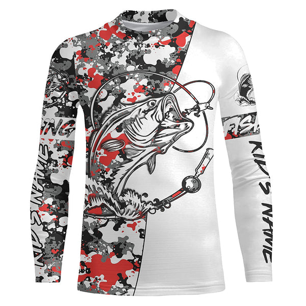 Custom Largemouth Bass Long Sleeve Tournament Fishing Shirts, Bass Fishing Jerseys | Gray Red Camo IPHW3993