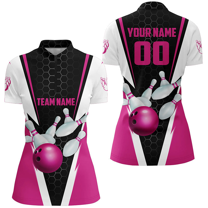 Custom Pink Strike Bowling Ladies Quarter Zip Shirts, Bowling Team Jerseys Name And Number IPHW5282