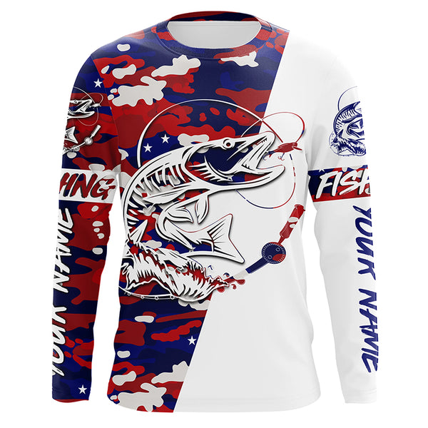 Red White Blue American Flag Camo Musky Long Sleeve Fishing Shirts, Custom Muskie Fishing Jerseys IPHW4563