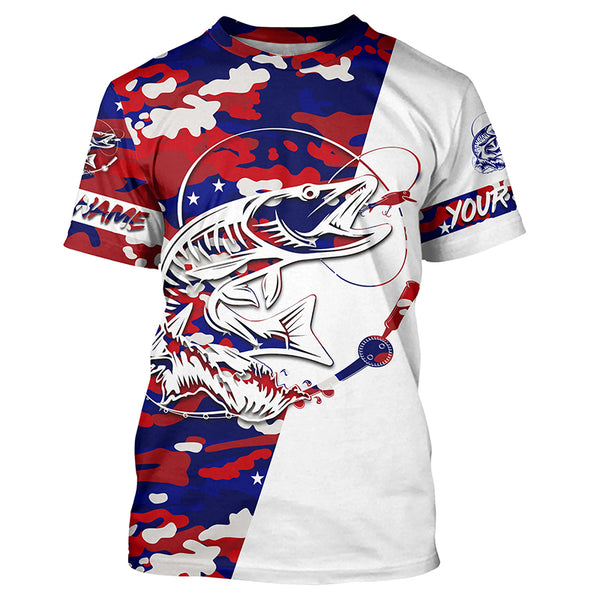 Red White Blue American Flag Camo Musky Long Sleeve Fishing Shirts, Custom Muskie Fishing Jerseys IPHW4563