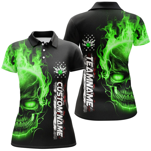 Flame Skull American Flag Custom Team Bowling Shirts For Women, Patriotic Bowling Shirt IPHW5146
