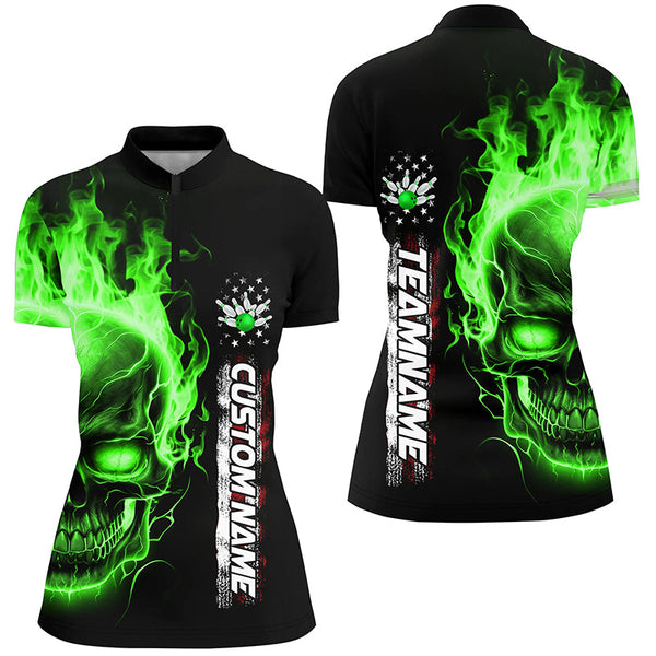 Flame Skull American Flag Custom Team Bowling Shirts For Women, Patriotic Bowling Shirt IPHW5146