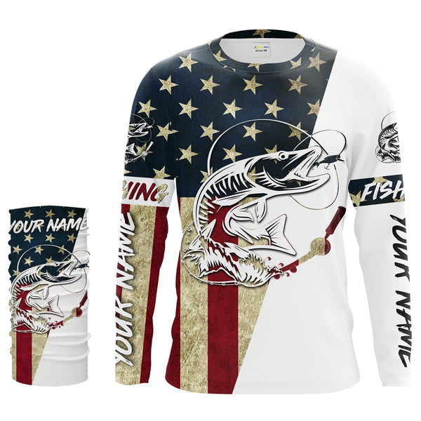 Personalized Musky Fishing American Flag Long Sleeve Fishing Shirts, Patriotic Fishing gifts - IPHW1165