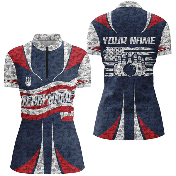 Personalized American Flag Bowling Team Shirts For Women Patriotic Bowling League Outfits IPHW5487