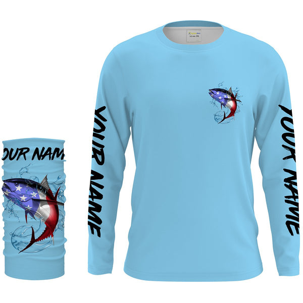 Tuna Fishing American Flag Custom performance Long Sleeve Fishing Shirts, Patriotic Fishing gifts | blue - IPHW1508