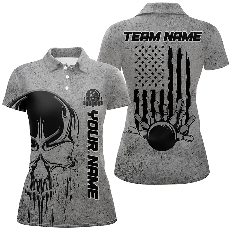 Skull Bowling Shirt For Women Custom Team Name American Flag Bowler Jersey Polo Shirt IPHW5324