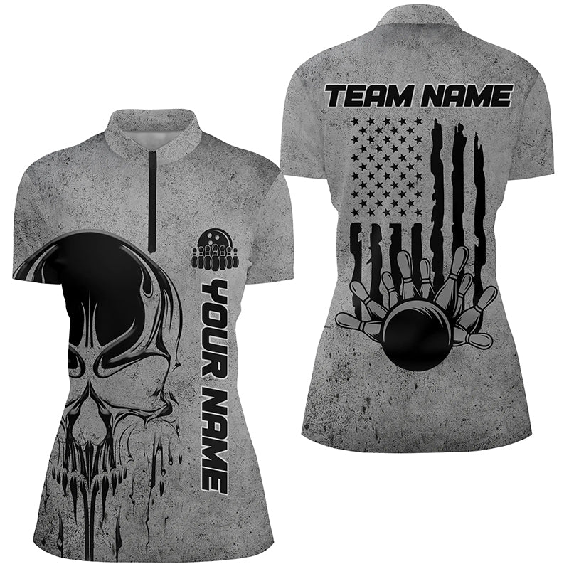 Skull Bowling Shirt For Women Custom Team Name American Flag Bowler Jersey Polo Shirt IPHW5324
