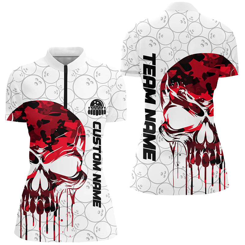 Custom Red Camo Skull Bowling Quarter-Zip Shirts Women Team Bowling Jerseys Bowling League IPHW5325