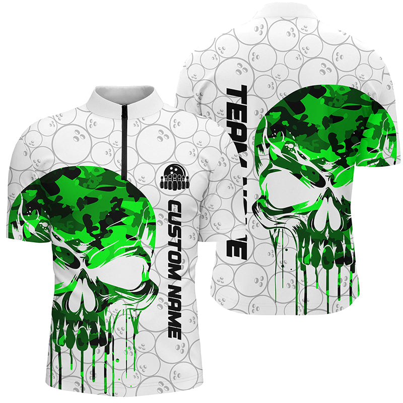 Custom Green Camo Skull Bowling Quarter Zip Shirts Men Team Bowling Jerseys Bowling League Outfit IPHW5329