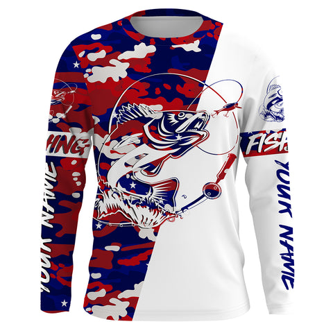 Red,White and Blue camo Custom Walleye Long Sleeve Fishing Shirts, Patriotic Fishing apparel gifts - IPHW2020