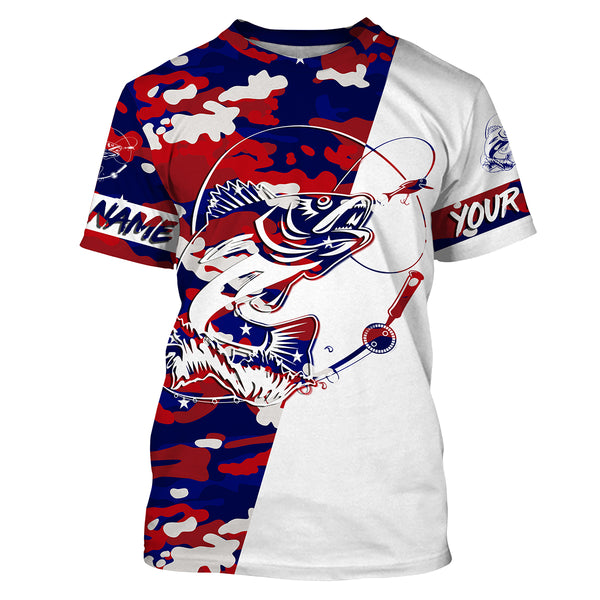 Red,White and Blue camo Custom Walleye Long Sleeve Fishing Shirts, Patriotic Fishing apparel gifts - IPHW2020