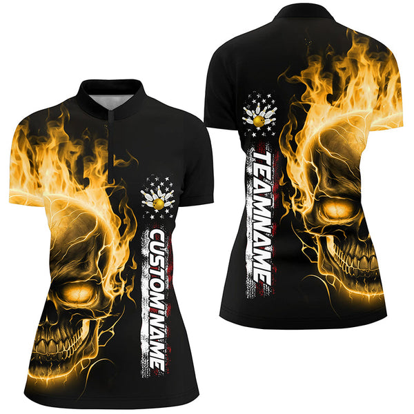 Flame Skull American Flag Custom Team Bowling Shirts For Women, Patriotic Bowling Shirt IPHW5154