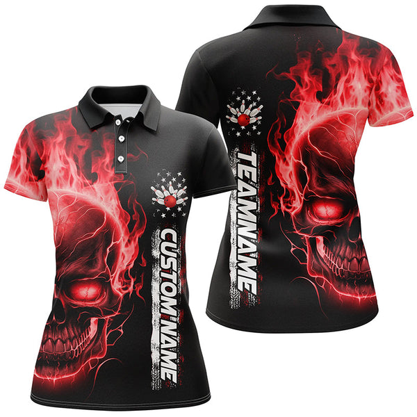 Flame Skull American Flag Custom Team Bowling Shirts For Women, Patriotic Bowling Shirt IPHW5155