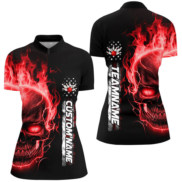 Flame Skull American Flag Custom Team Bowling Shirts For Women, Patriotic Bowling Shirt IPHW5155