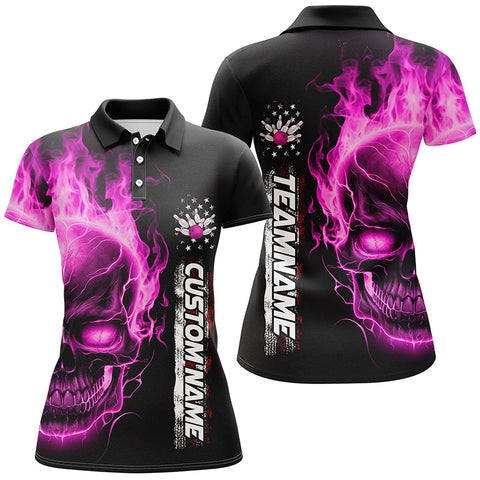 Flame Skull American Flag Custom Team Bowling Shirts For Women, Patriotic Bowling Shirt IPHW5156