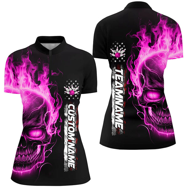 Flame Skull American Flag Custom Team Bowling Shirts For Women, Patriotic Bowling Shirt IPHW5156