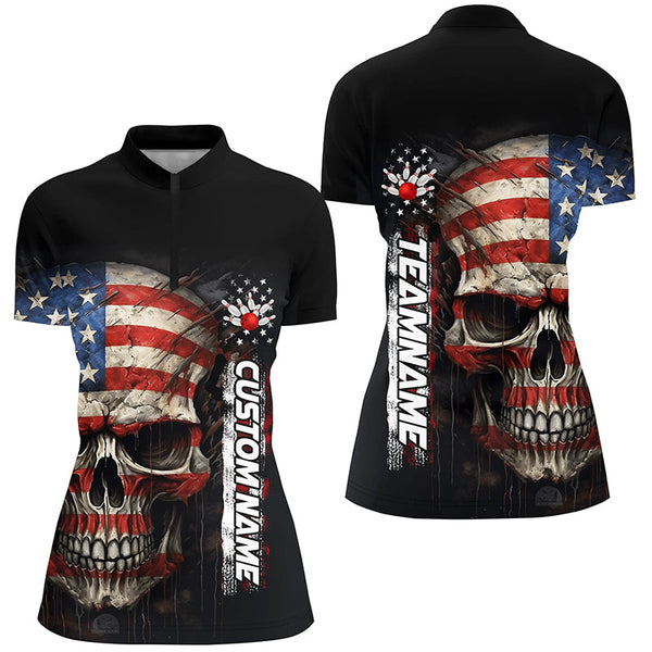 Personalized Skull Bowling Shirt For Women Custom American Flag Bowler Jersey IPHW5158