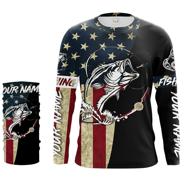 Personalized Bass Fishing American Flag Custom Long Sleeve Fishing Shirts, personalized Patriotic Fishing gifts - IPHW1193