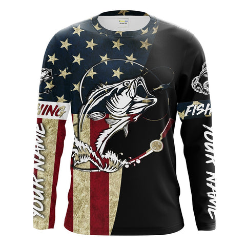 Personalized Bass Fishing American Flag Custom Long Sleeve Fishing Shirts, personalized Patriotic Fishing gifts - IPHW1193
