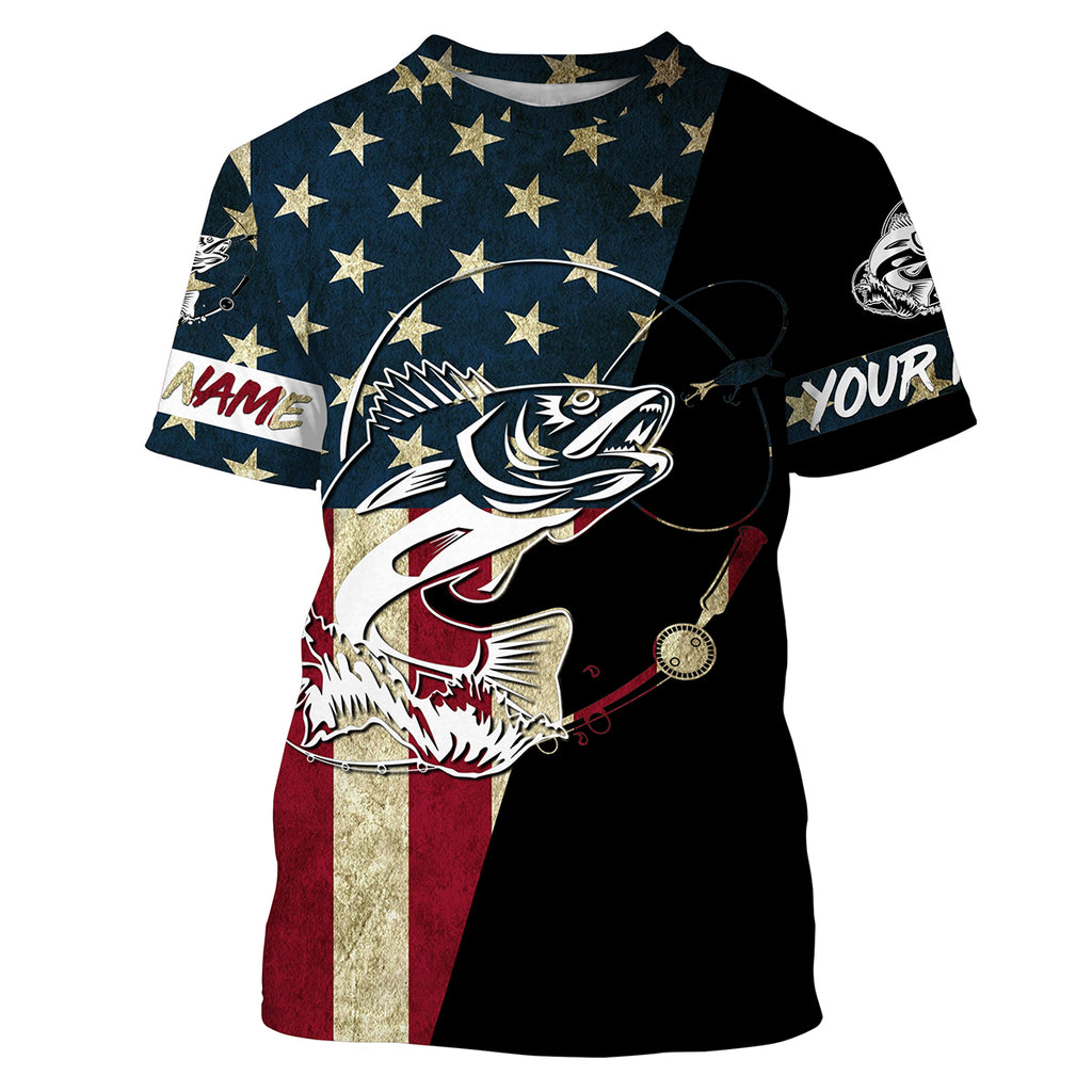 Personalized Walleye American Flag Fishing Shirts, Patriotic Walleye Fishing Jerseys - IPHW1829 T-Shirt UPF / L