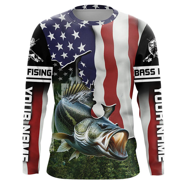 Personalized American Flag Bass Fishing Shirts, Patriotic Bass Tournament Fishing Shirts IPHW5699