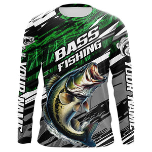 Bass Fishing Camo Long Sleeve Fishing Shirts, Custom Bass Tournament Fishing Jerseys | Green IPHW5958 Long Sleeves Hooded UPF / 2XL