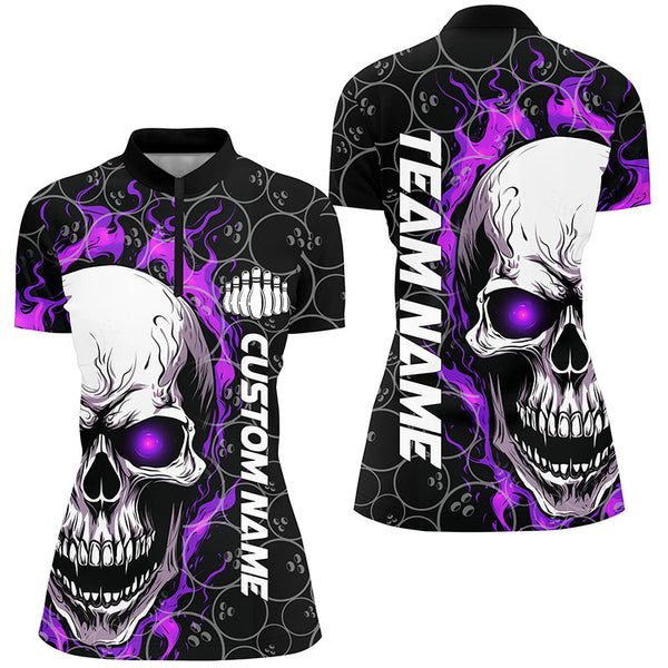 Custom Flaming Skull Team Bowling Shirts For Women, Halloween Bowling Jerseys | Purple IPHW5181