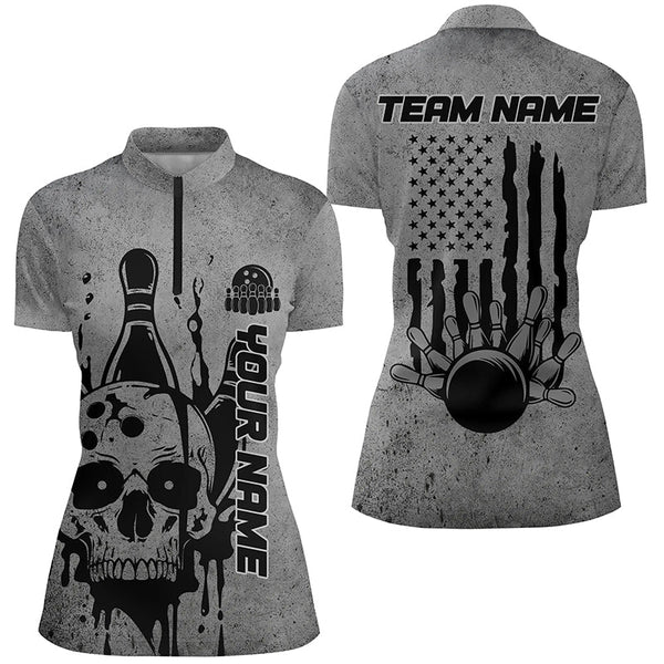 Custom American Flag Skull Bowling Shirts For Women, Patriotic Team Bowling Jerseys IPHW5845