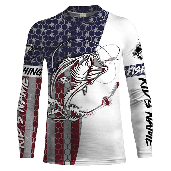 Bass Fishing American Flag Custom Long Sleeve performance Fishing shirts, personlized Patriotic Bass Fishing jerseys - IPHW1382