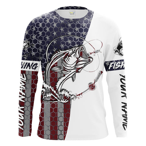 Bass Fishing American Flag Custom Long Sleeve performance Fishing shirts, personlized Patriotic Bass Fishing jerseys - IPHW1382