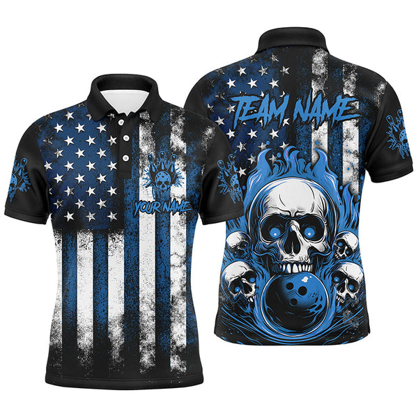 American Flag Flame Skull Custom Bowling Team Shirts, Patriotic Bowling Jerseys IPHW5856