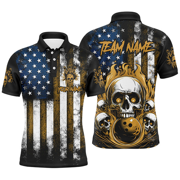 American Flag Flame Skull Custom Bowling Team Shirts, Patriotic Bowling Jerseys IPHW5856