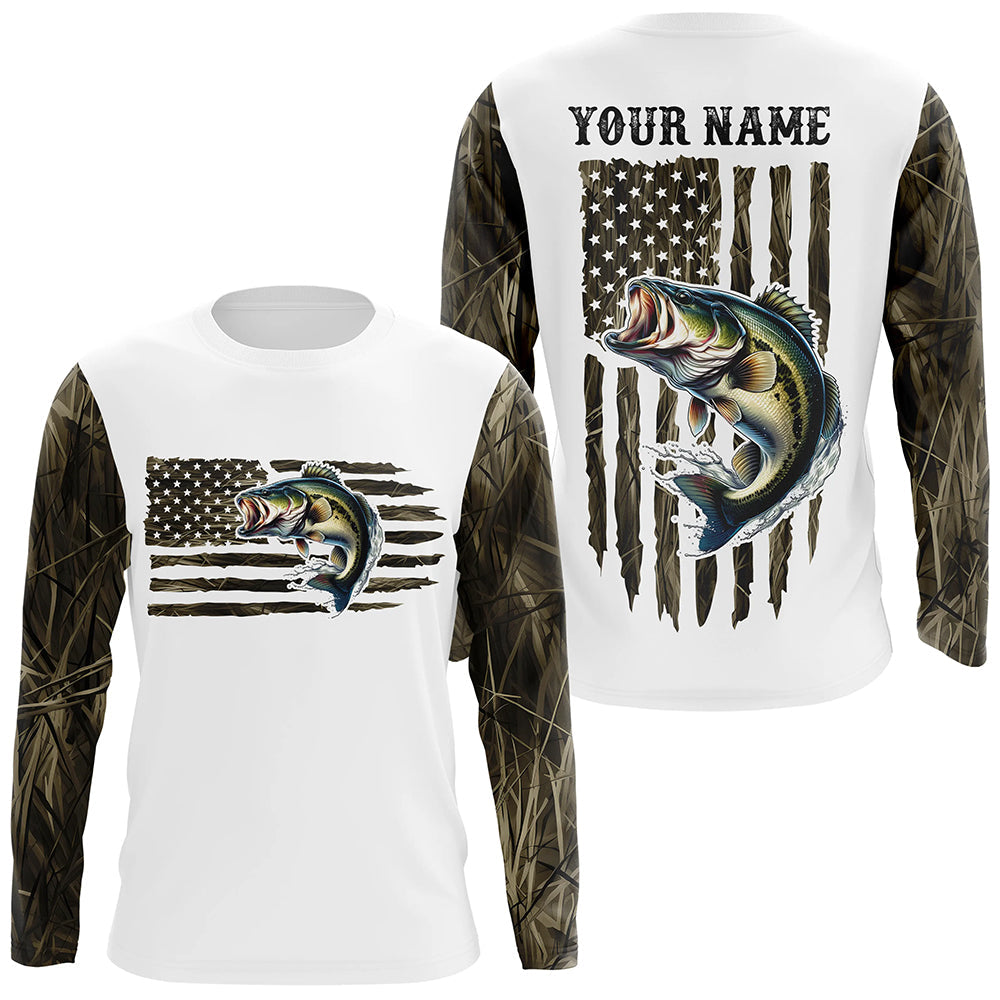 Personalized American Flag Bass Long Sleeve Fishing Camo Shirts, Patriotic Bass Fishing Jersey IPHW6039