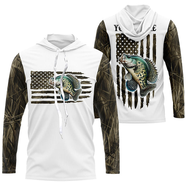 Personalized American Flag Crappie Long Sleeve Fishing Camo Shirts, Patriotic Crappie Fishing Jersey IPHW6040