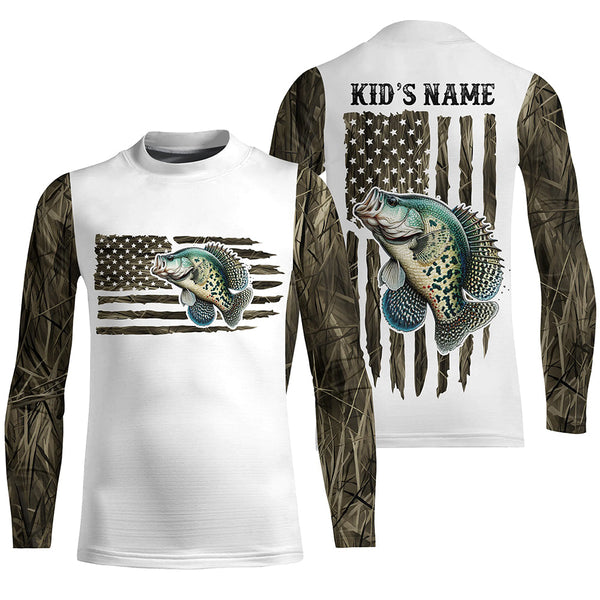 Personalized American Flag Crappie Long Sleeve Fishing Camo Shirts, Patriotic Crappie Fishing Jersey IPHW6040