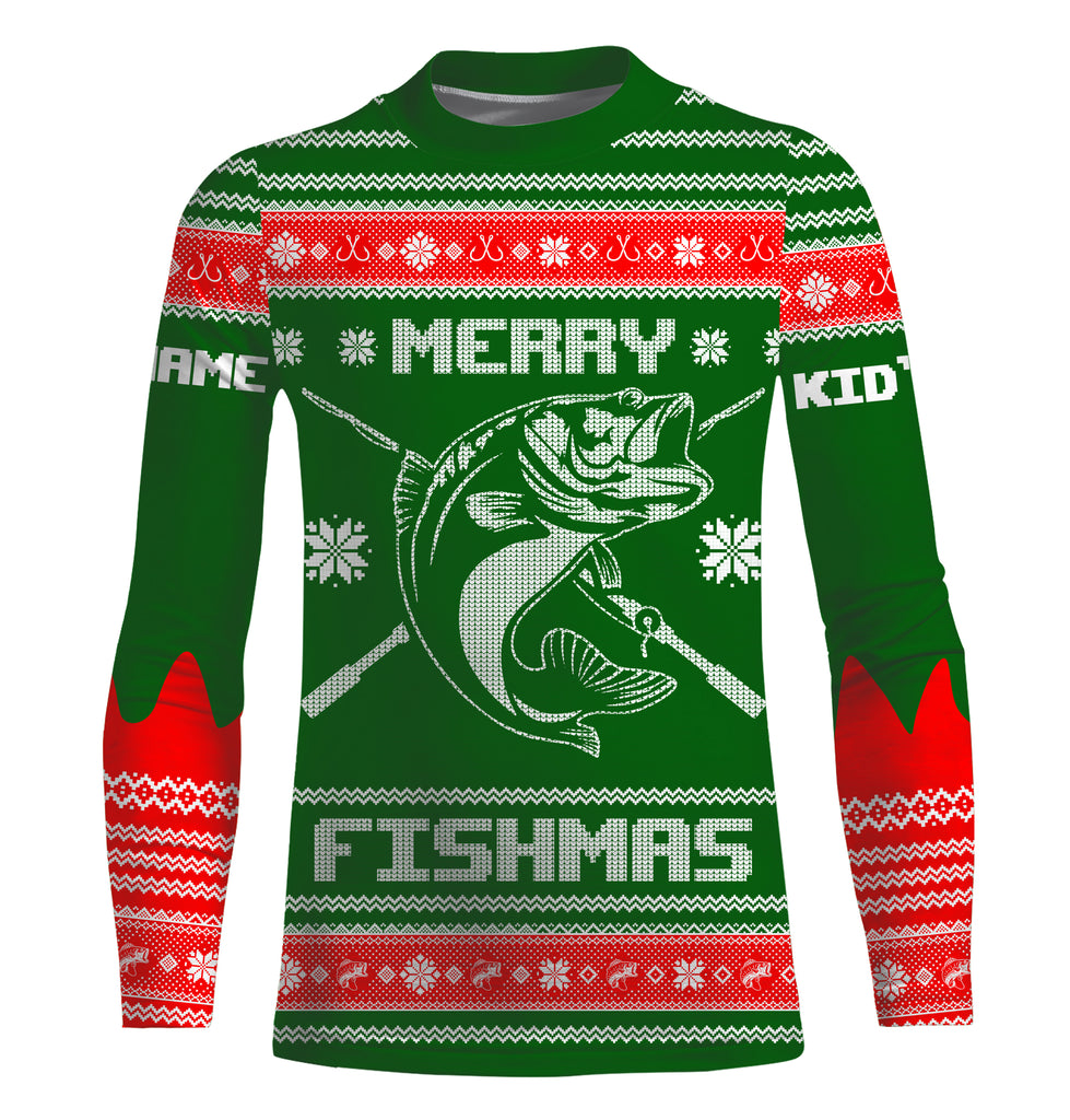 Bass Fishing Merry Fishmas Ugly Sweater Pattern Custom Long Sleeve Fishing Shirts, Christmas Fishing Gifts - IPHW1872 Long Sleeves UPF / 5XL